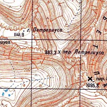Карта перевала Восточный Петрелиус и окрестностей