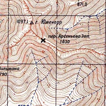Карта перевала Западный Арсеньева и окрестностей