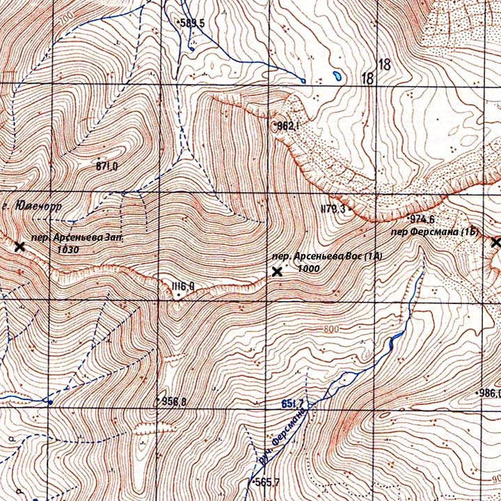 Карта перевала Восточный Арсеньева и окрестностей