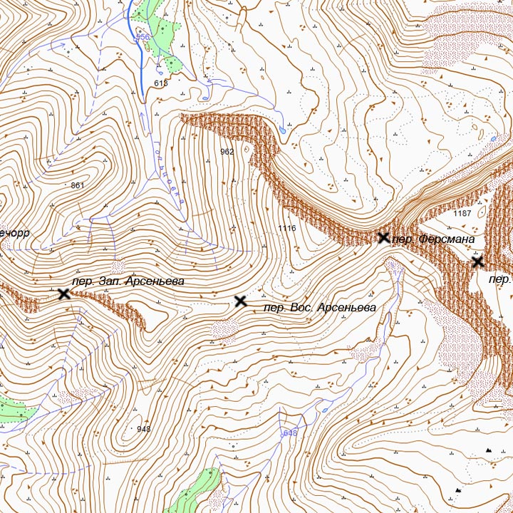 Карта перевала Восточный Арсеньева ГГЦ и окрестностей
