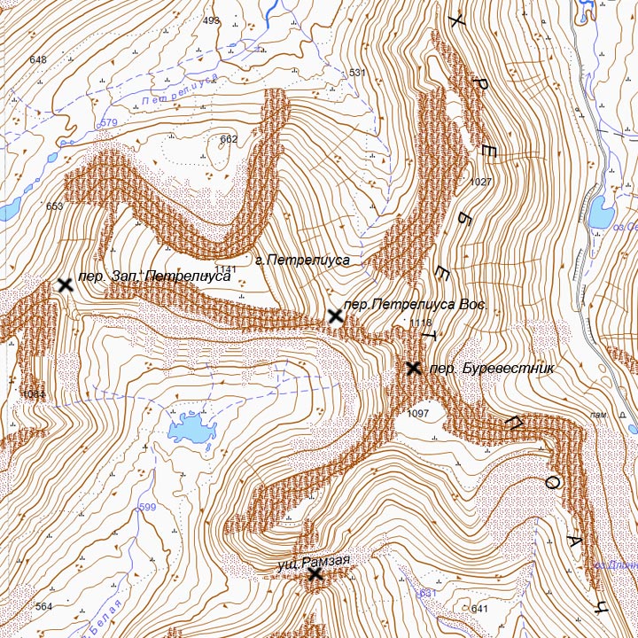 Карта перевала Восточный Петрелиус и окрестностей ГГЦ