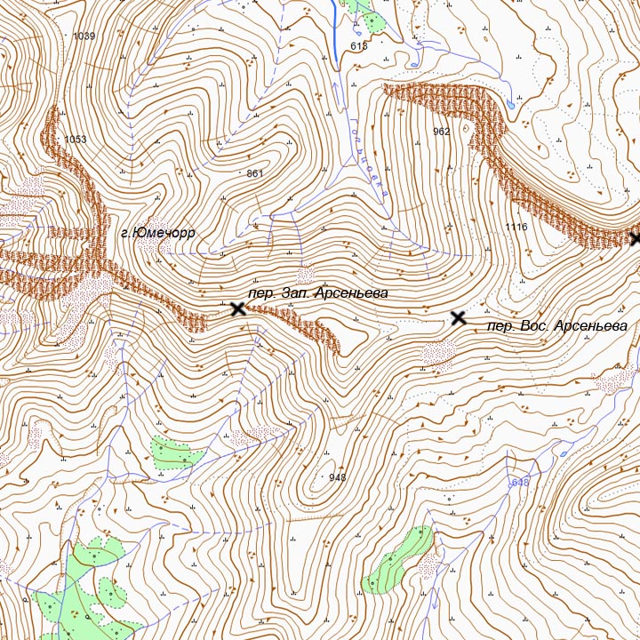 Карта перевала Западный Арсеньева ГГЦ и окрестностей